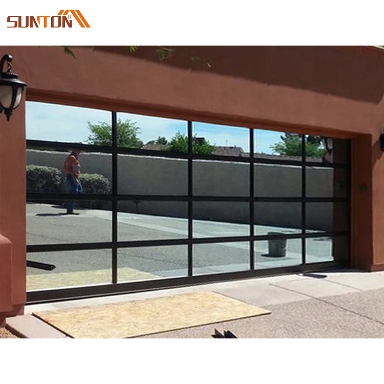 Modern exterior black aluminum alloy frame mirror tempered glass inserts panel insulated double garage door for home villa