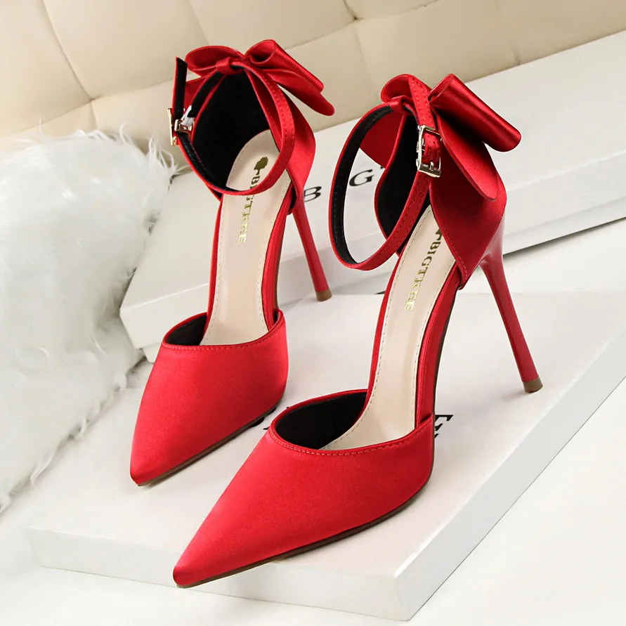 5196-1 High Quality Thin Heels Sweet Beauty High Heels Shoes Shallow Mouth Pointed Satin Bow Heeled Sandals For Women And Ladies