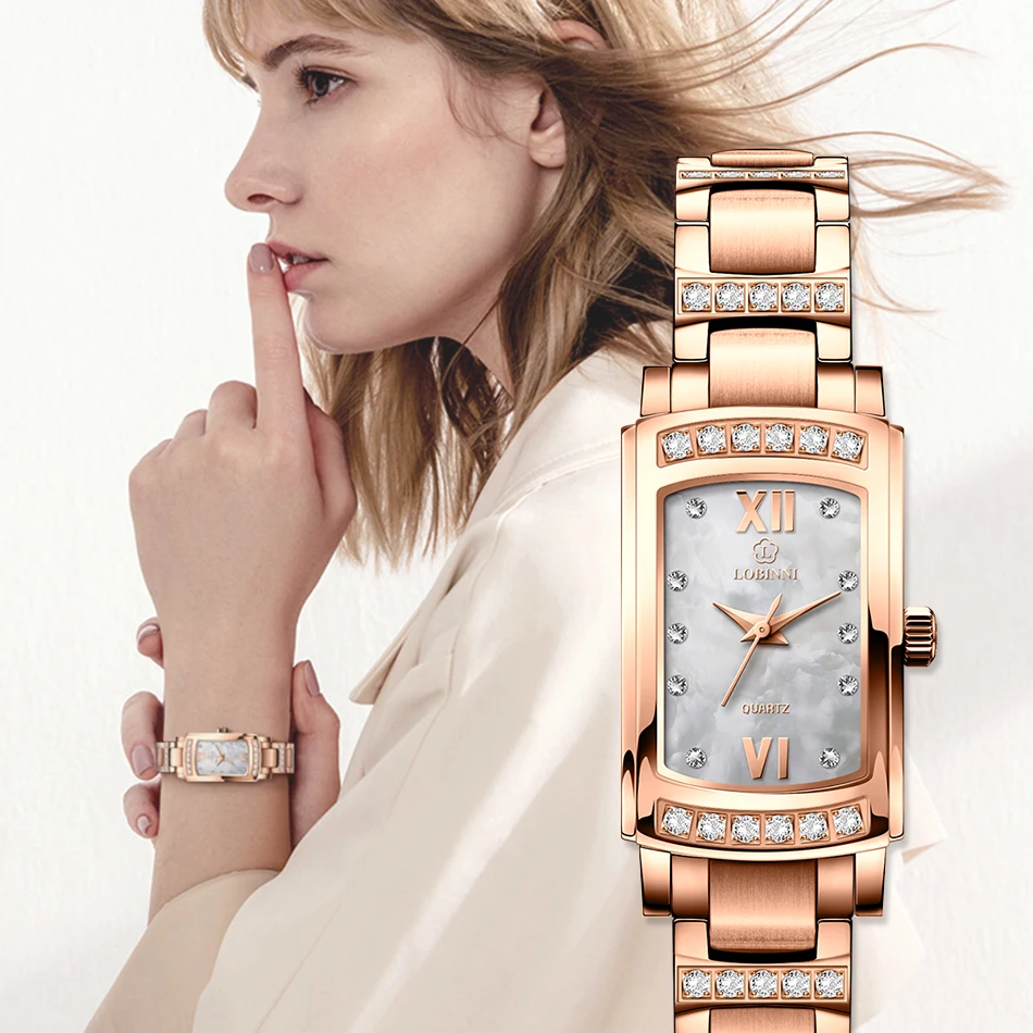 LOBINNI Quartz Business Ladies Watch Ladies Silver Rose Gold Rhinestone Diamond Set Rectangle Watch Customizable