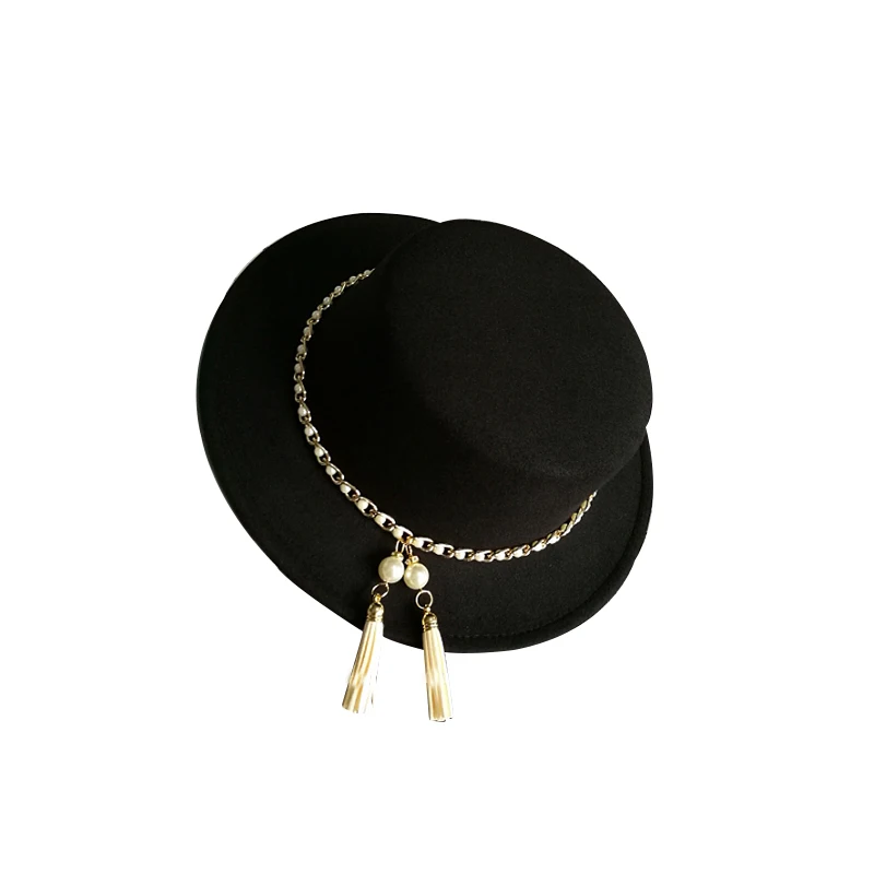 2021 autumn winter British style pearl felt hat fashion pearl chain flat cap casual trend retro fringed wide brim formal hat