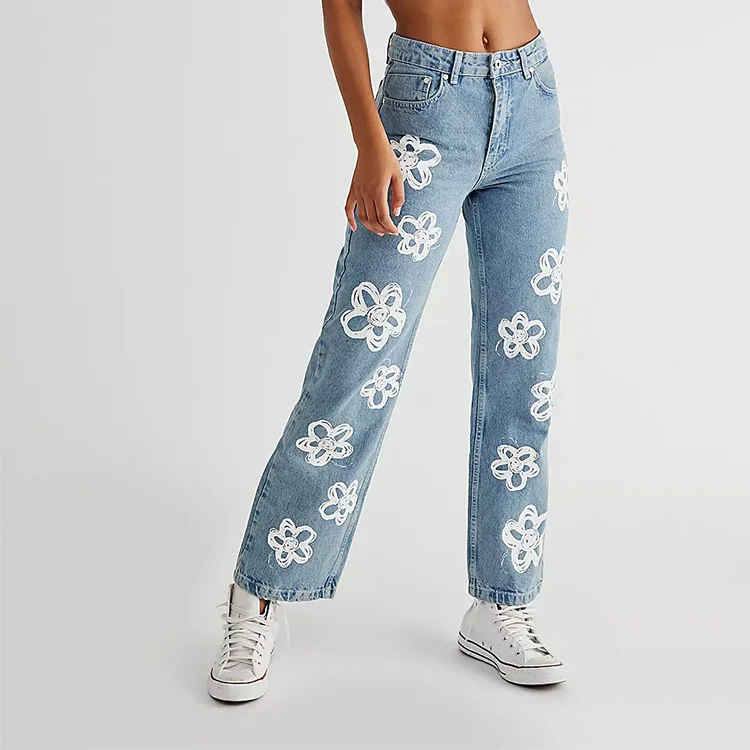 Cheap Price Printing Flower Women Light Blue High Waist Jeans Pants Tall Women Jeans For Wholesales