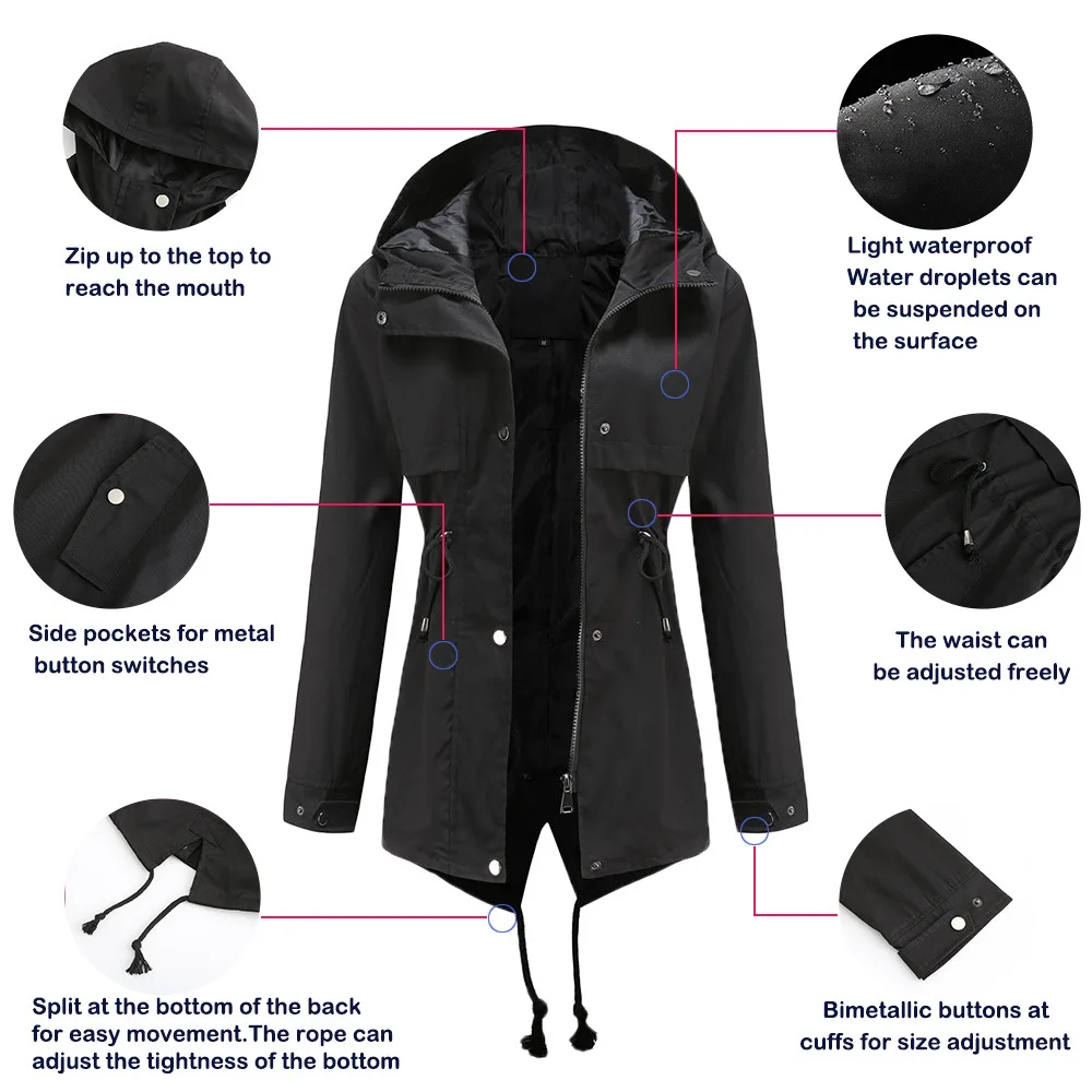 
Casual fashion plus size adjust waist long parka jacket waterproof windbreaker women ladies Long jacket 
