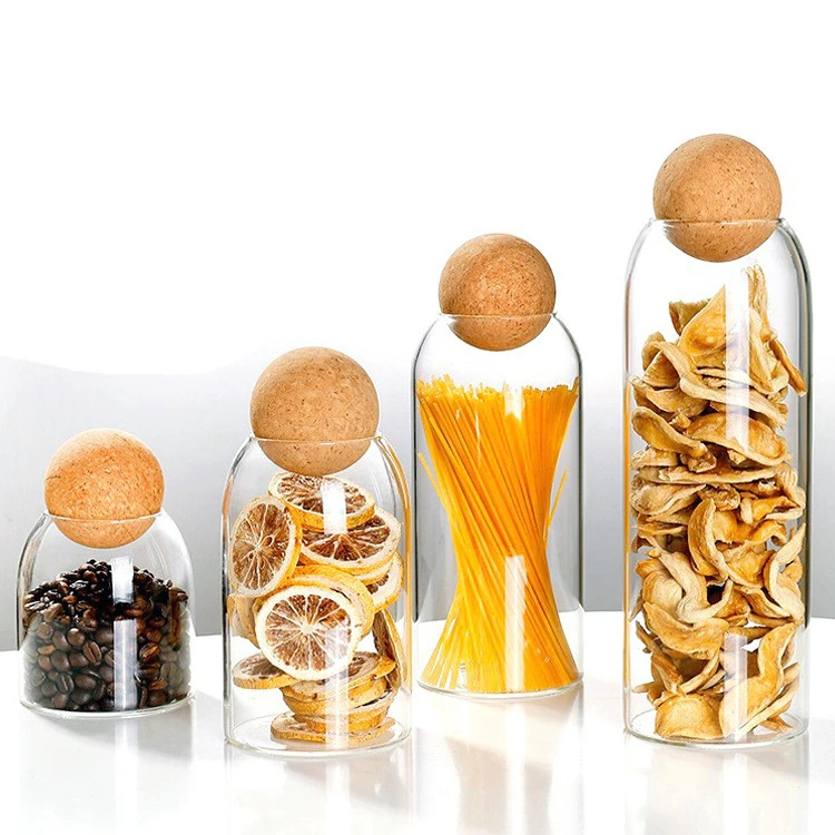 Kitchen High Quality Glass Storage Food Candy Storage Jars Wood Lid Cork Ball Stopper Handmade Borosilicate Glass Canister Jar