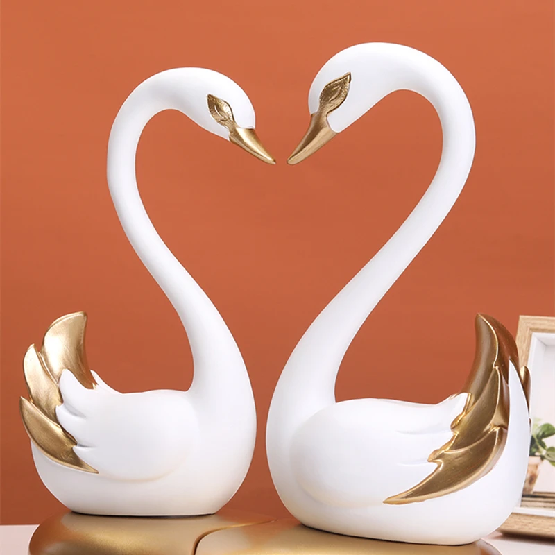 White Resin Swan Couple Figurine Ornaments Set of 2 Home Decor Centerpiece