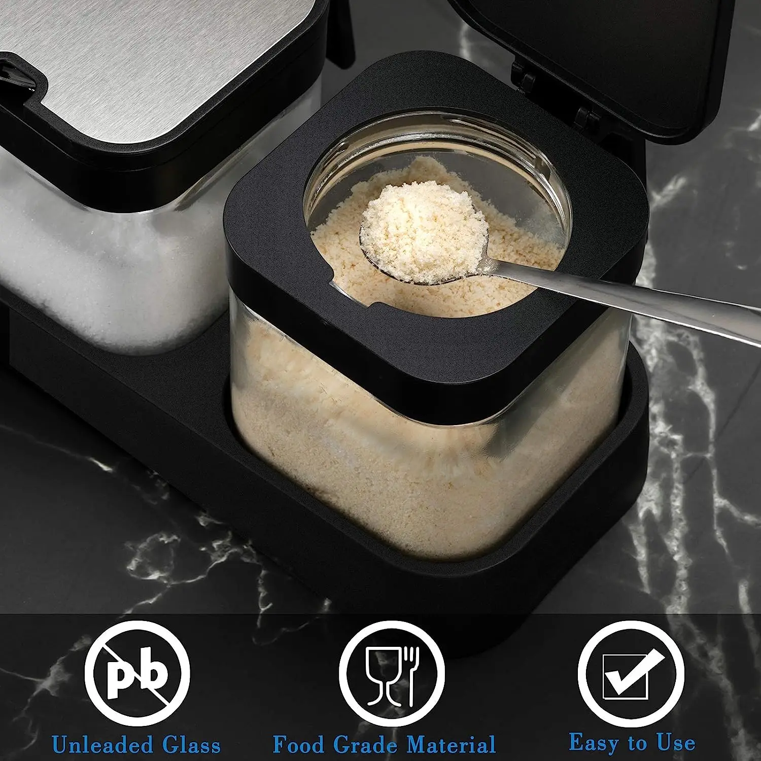 Condiment Jar Spice Container with Lids and Spoons 8oz Clear Glass Condiment Canisters Pots Seasoning Box Salt Container Sugar