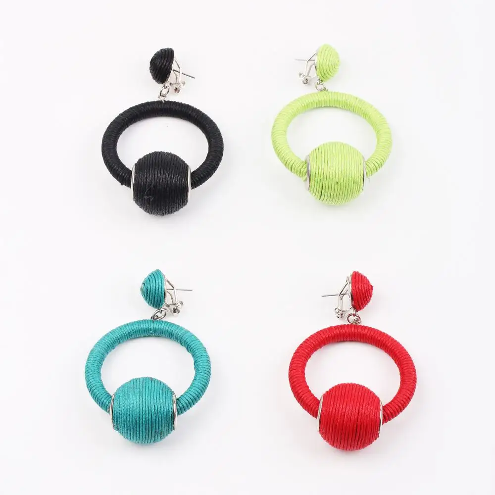 
fashion red thread lightweight nylon cord hoop ball earrings for women  (1600186767279)