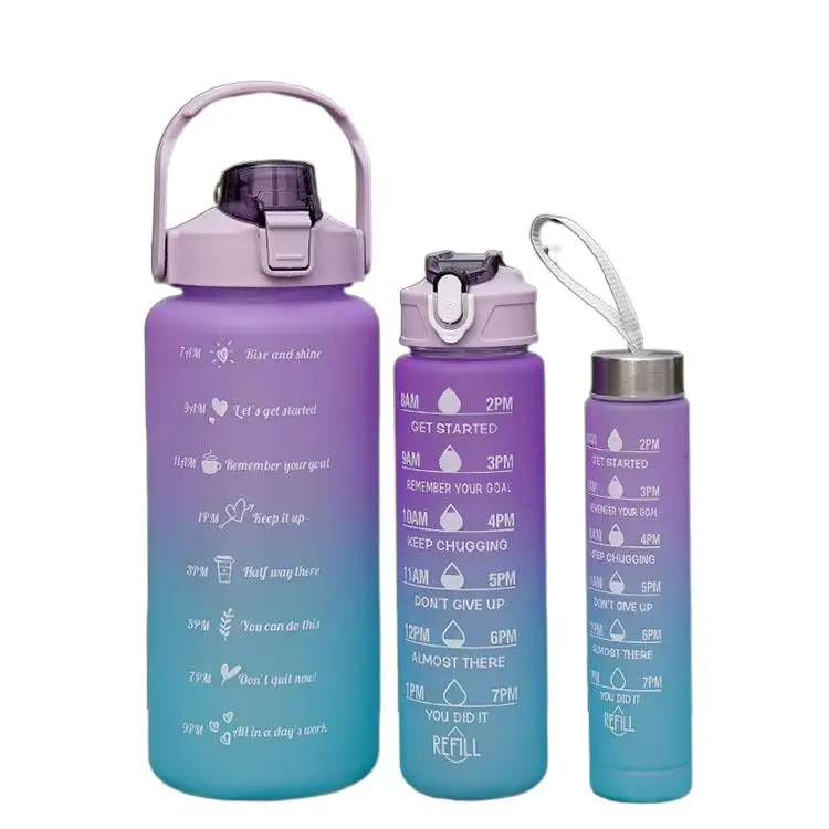 Custom 500ml 900ml 2000ml 3 In 1 Bpa Free Gradient Color Gym Fitness Sports Plastic Motivational Water Bottle With Time Marker