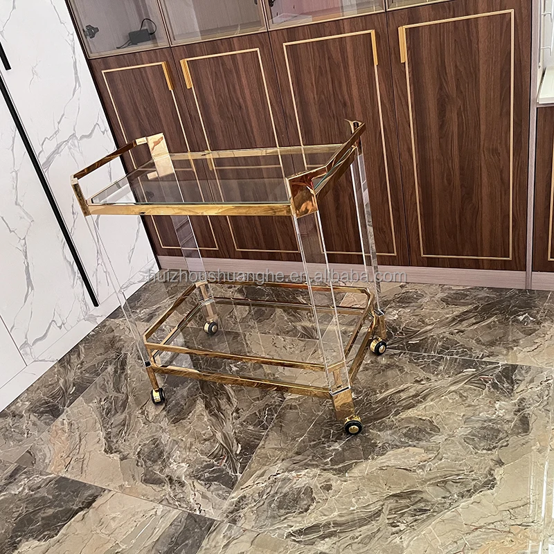 Factory Wholesale Kitchen 2 Tier Stainless Steel Trolley Bar Wine Service Bar Car Brake Acrylic Service Trolley