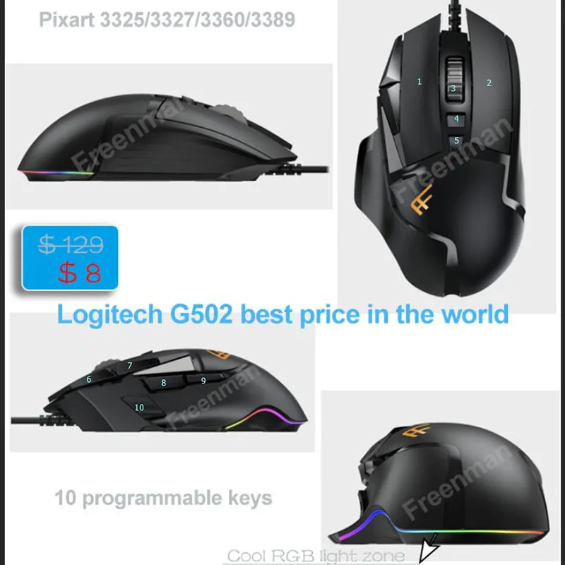 hot sale best ergonomic palm design, computer PUBG shooting game USB wired RGB backlit 10D key gaming mouse