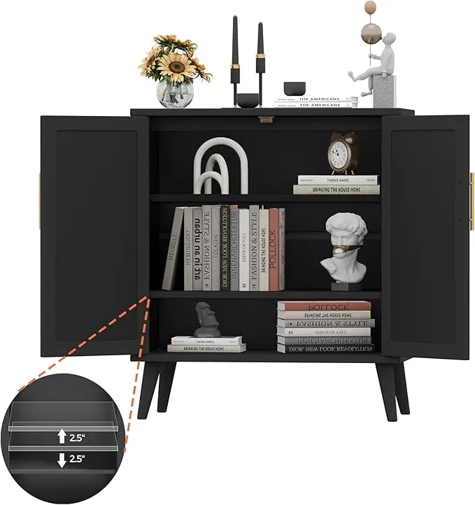 Rattan Storage Cabinet with Doors, Modern Sideboard Buffet Cabinet for Living Room, Entryway, Dining Room and Kitchen, Black