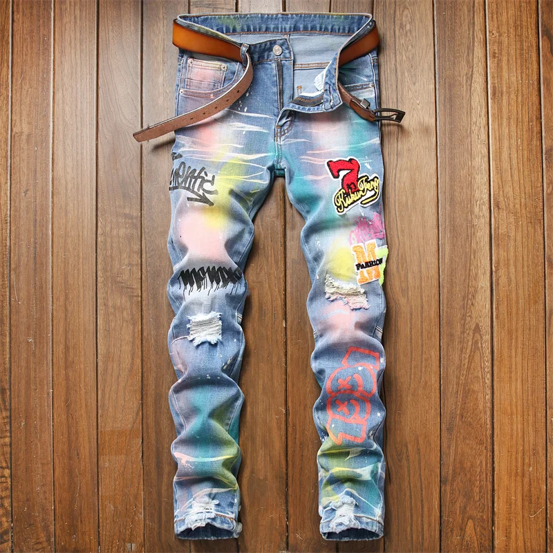 2023 Fahion Wholesale Skinny Stretch Slim Fit Jeans Men Biker Style Ink Jet Pants Trousers OEM Custom Jeans Colored Mens Jean