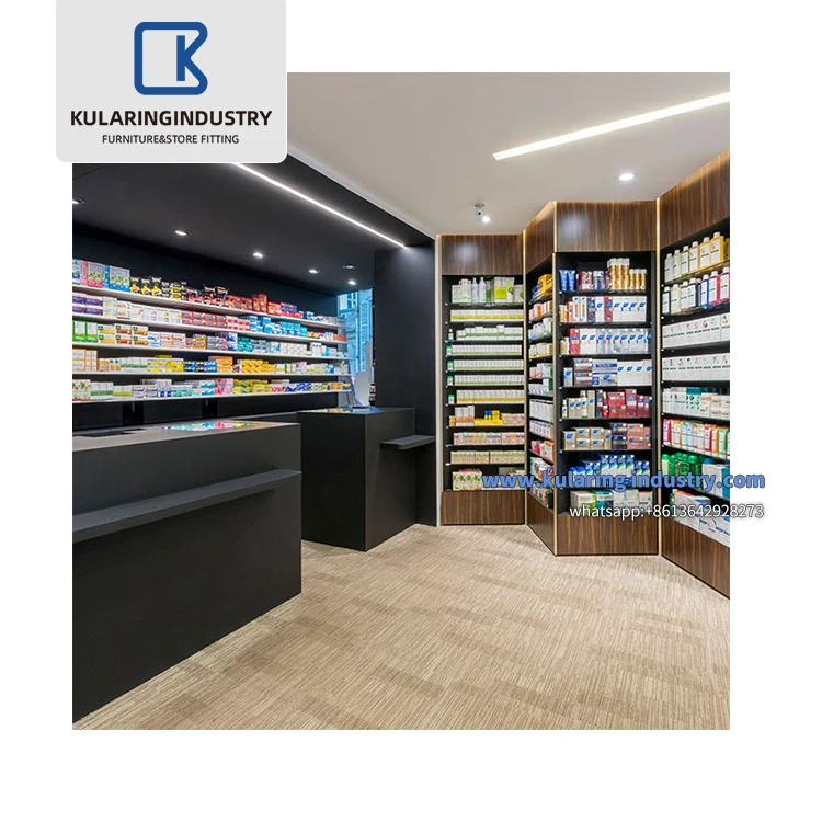 Retail Pharmacy Decoration Customized Medical Pharmacy Shop Glass Wood Furniture Shelves Cabinet For Pharmacy Store Display
