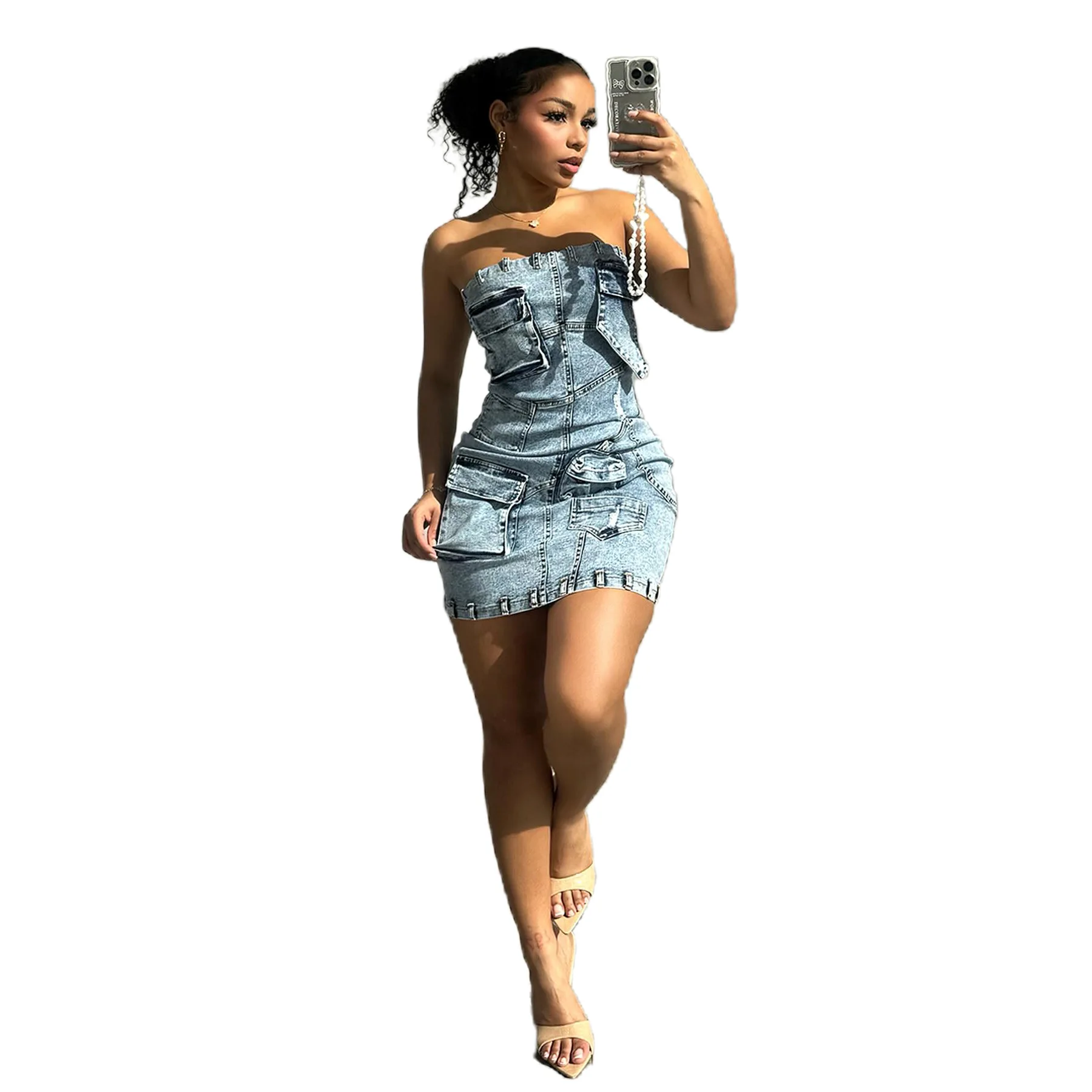 Denim Multi Pocket Strapless L27601 Mini Dress Crocheted Spandex Simple Styles Casual Bow Collar Short Knees-Length Light