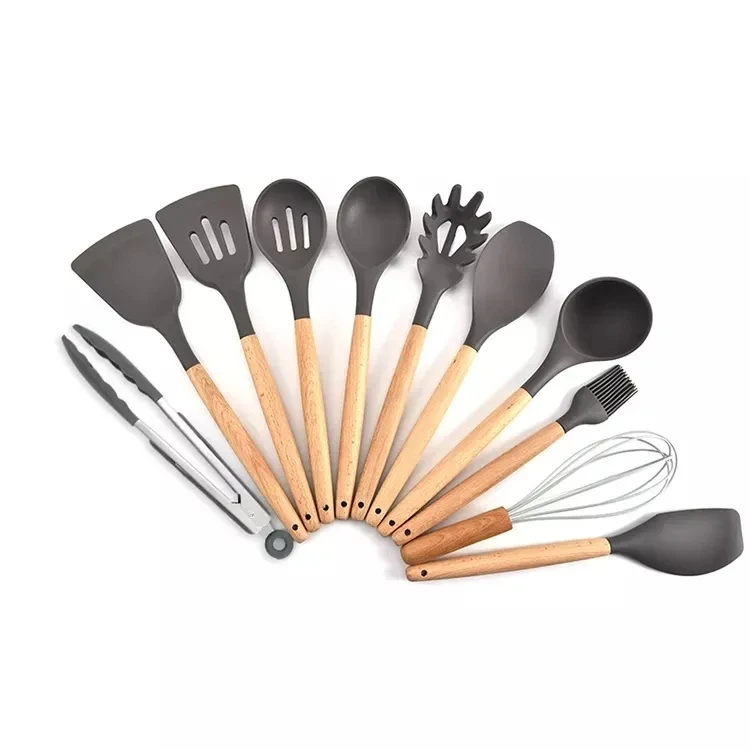 New Product Colour Box Morden Cooking Tool Sets Silicone Kitchen Utensils with Wooden handle