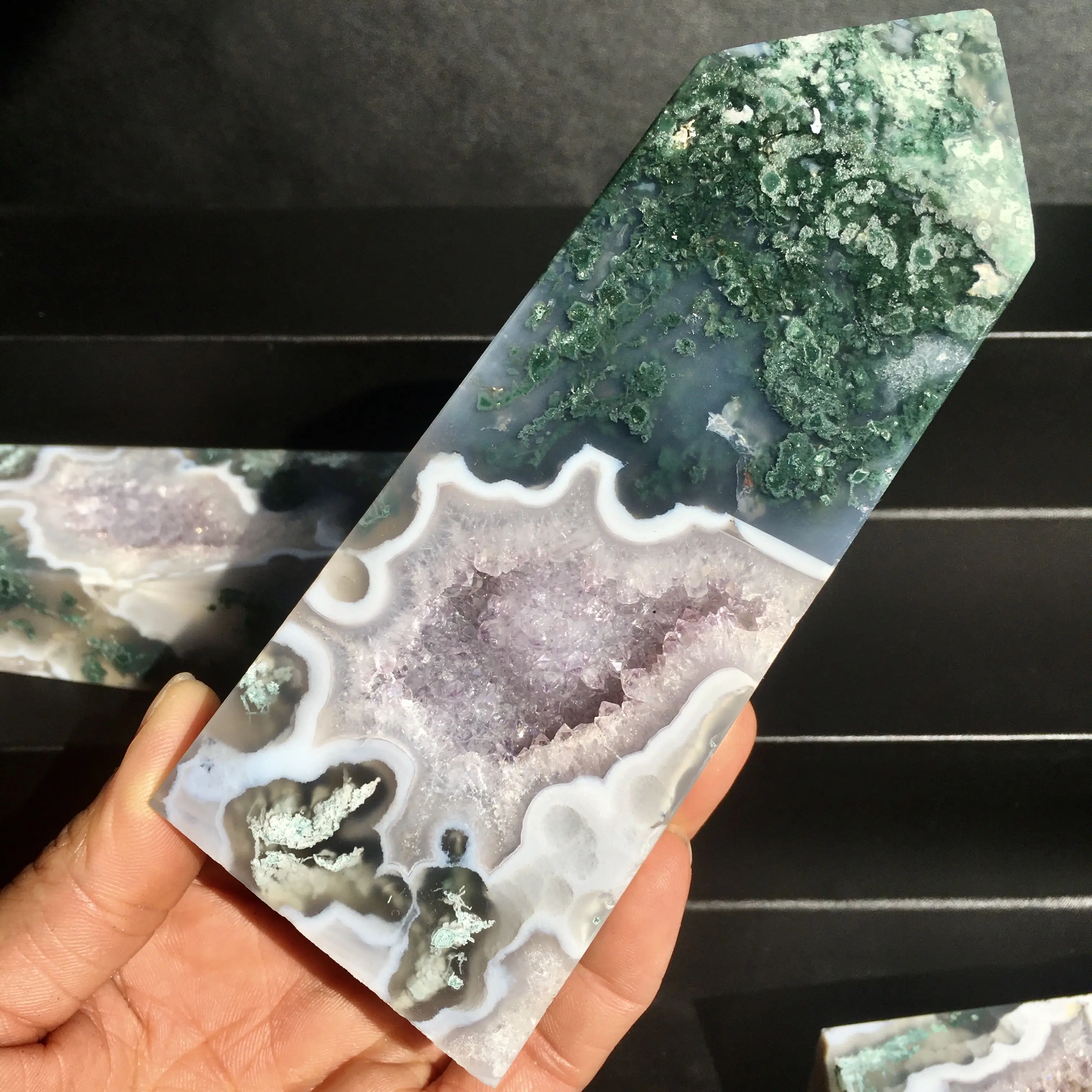 Natural Purple Moss Agate High Quality Moss Agate With Amethyst Geode Tower Nice Crystal Point For Sale