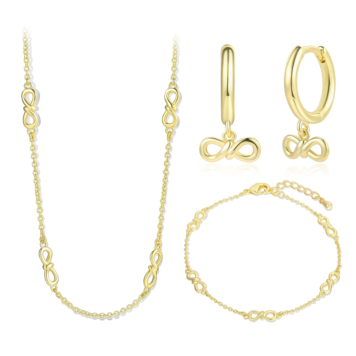 Fashion Jewelry Set Gold Plated Infinity Hoop Pendant Necklace Huggies Earrings Bracelet for Women
