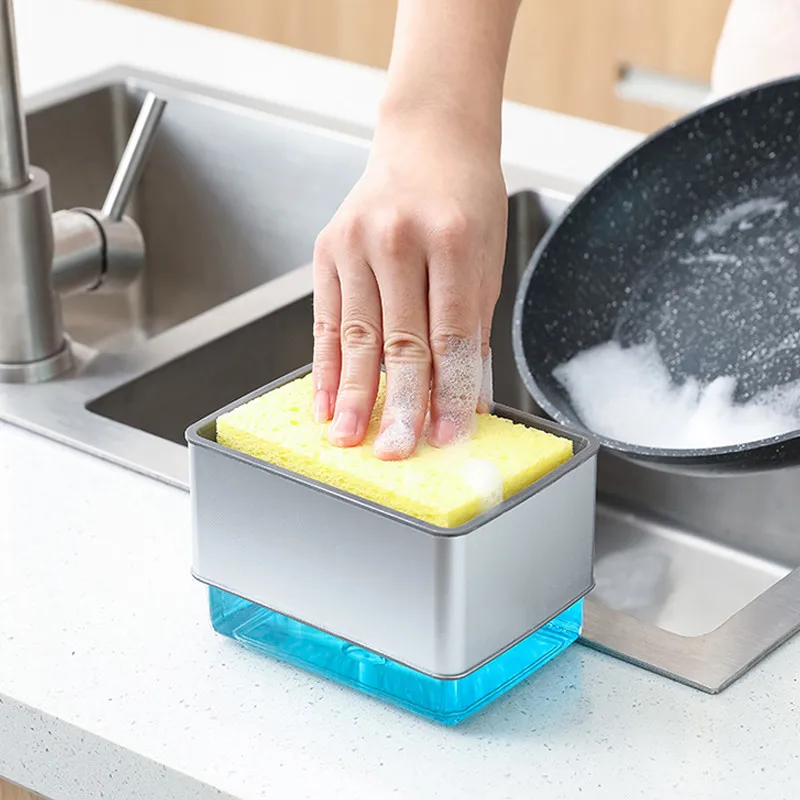 2021 Kitchen Countertop Soap Dispenser Hand Press Liquid Pump With Sponge Holder 2-in-1 Container Kitchen Organizer