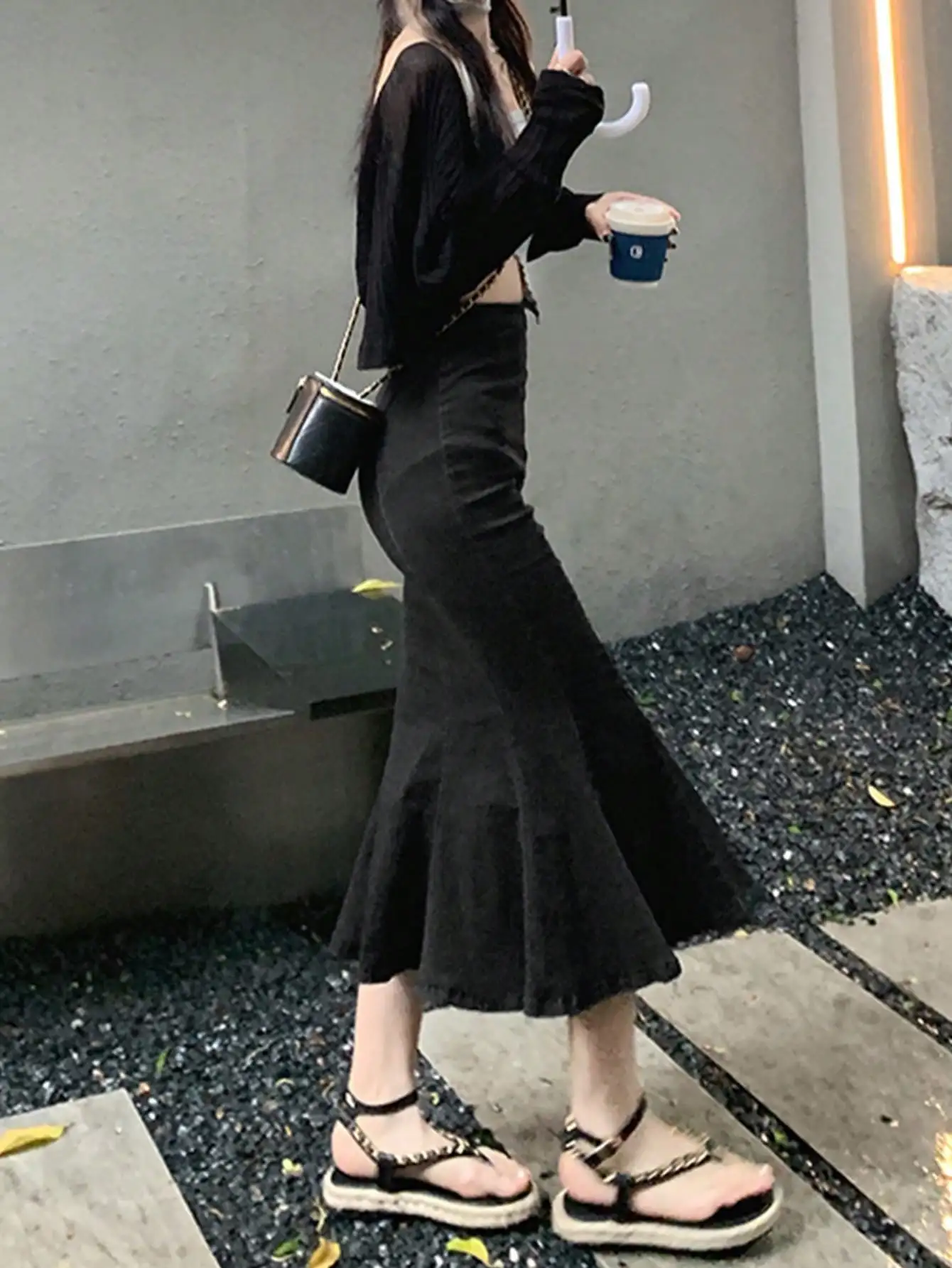Free Sample Women High Waisted Slimming Jean Skirt Black Long Irregular Half-Body Fishtail Front Side Slit Jean Denim Skirt