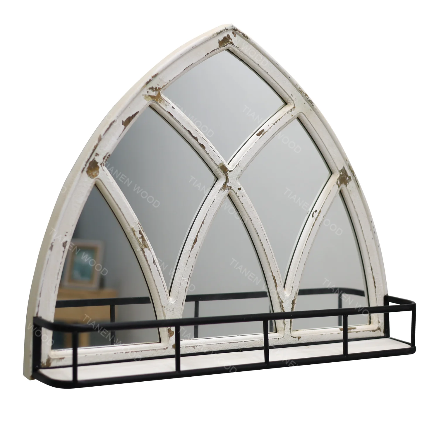 Multi Panel Wood Distressed Window Mirror Wood Hanging Bathroom Glass Arched wood frame mirror