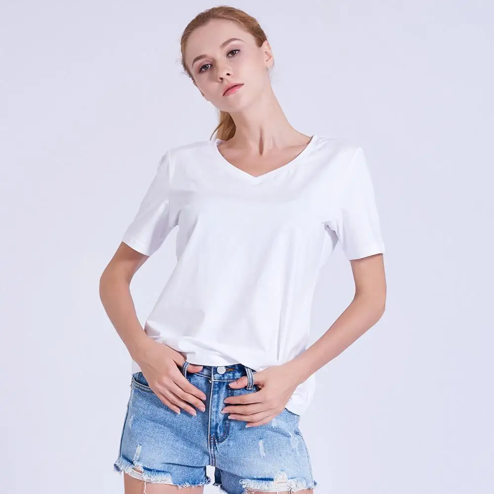 Custom Printed Graphic V Neck Women Plain Tee Shirt Organic Pima Cotton Women T Shirt Printing Design Brand Cotton Women T Shirt