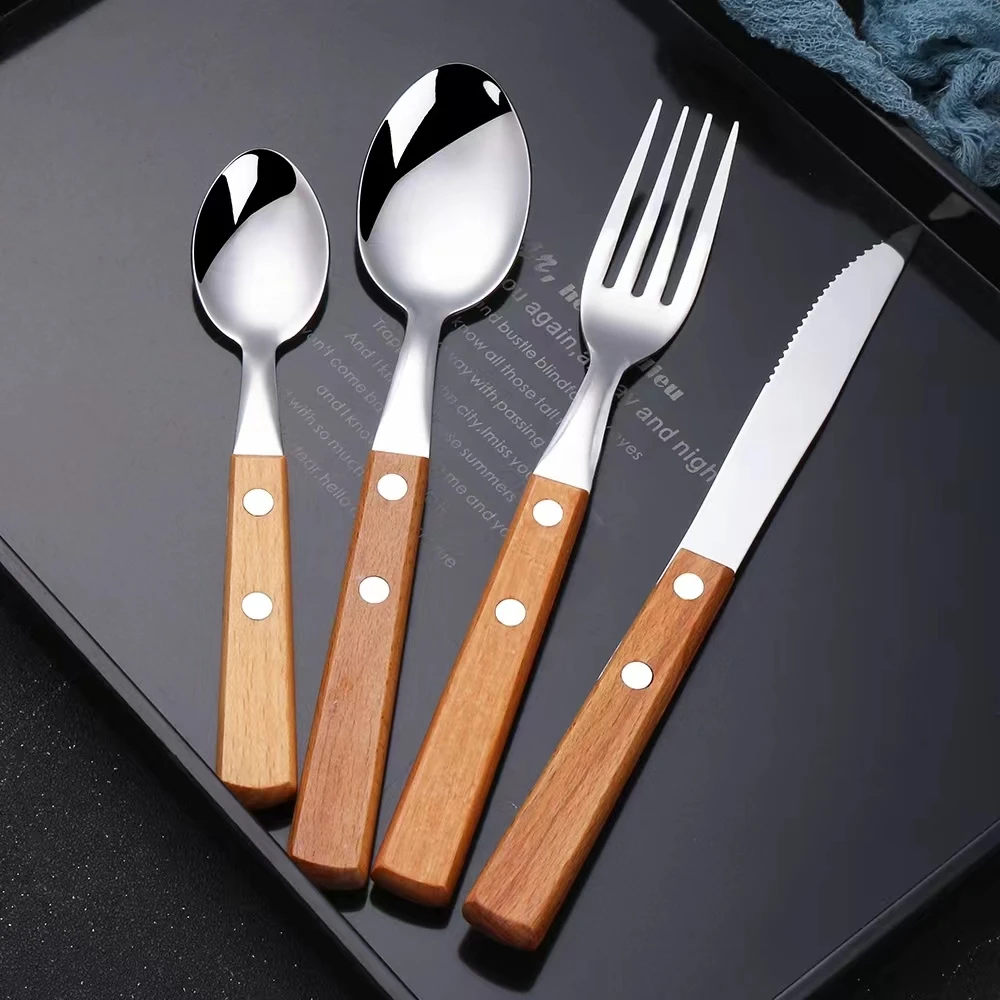 Luxury korean woden cutlery set  Knife Fork Spoon Set Wooden Handle Stainless Steel bulk Cutlery for restaurant hotel