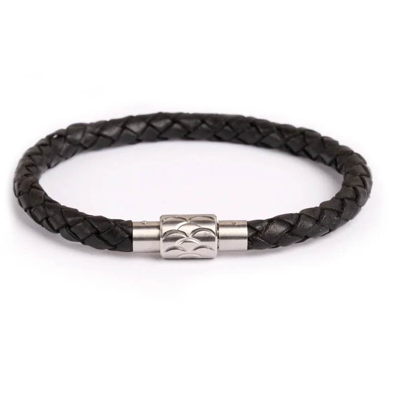 Classic style 6mm thin plain stainless steel braid black leather magnetic bracelets