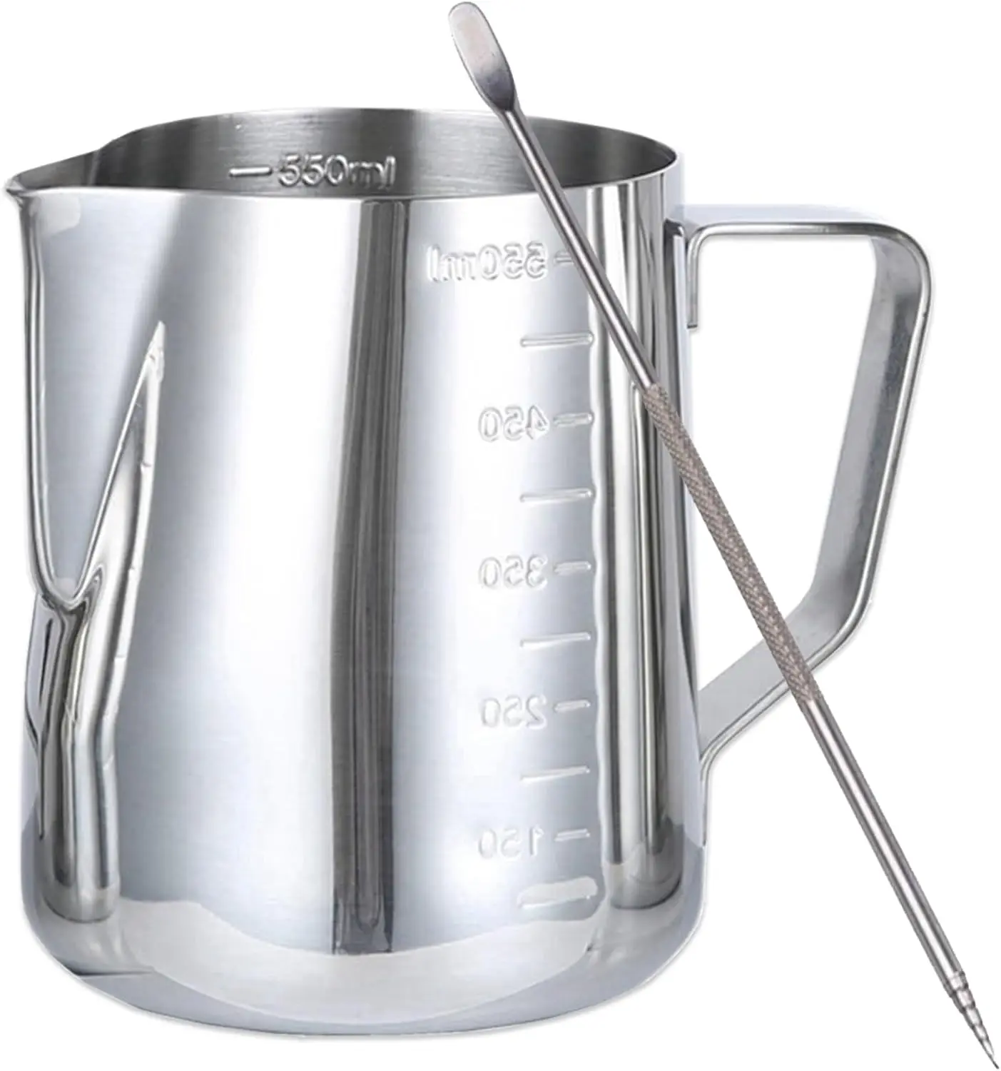 20oz Stainless Steel Espresso Milk Steaming Pitcher with Latte Art Pen. 304 Stainless Steel with Embossed Measurements