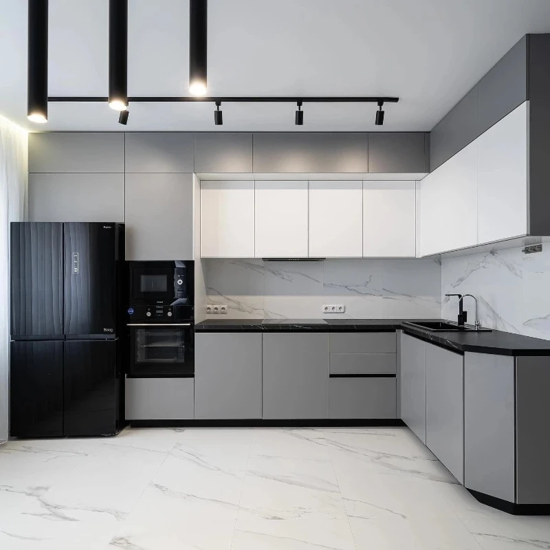 Cheap Modern Style Lacquer Kitchen Cabinets Grey and White Kitchens Laminate Kitchen Cabinets with Accessories