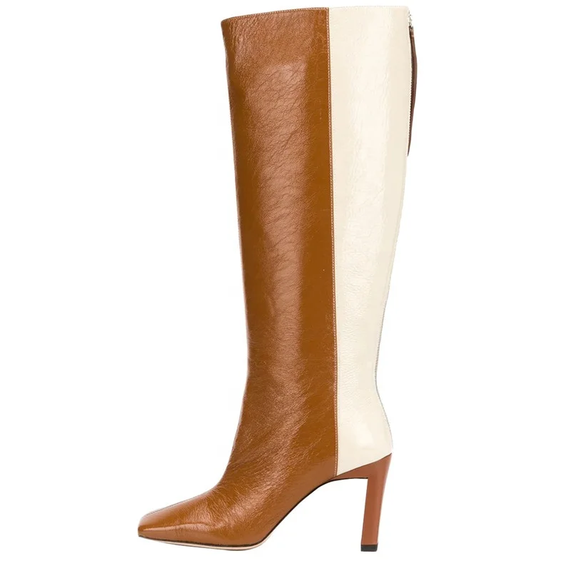 splice color long tube over knee women boots zipper up square toe square flat high heel 2021 wholesale custom color Pu patent