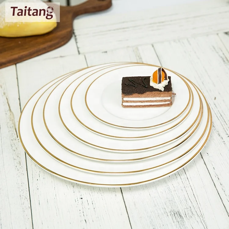 Restaurant Dinnerware Gold Rim Round Ceramic Dinner Plate Set 7 Plates Hotel Restaurant