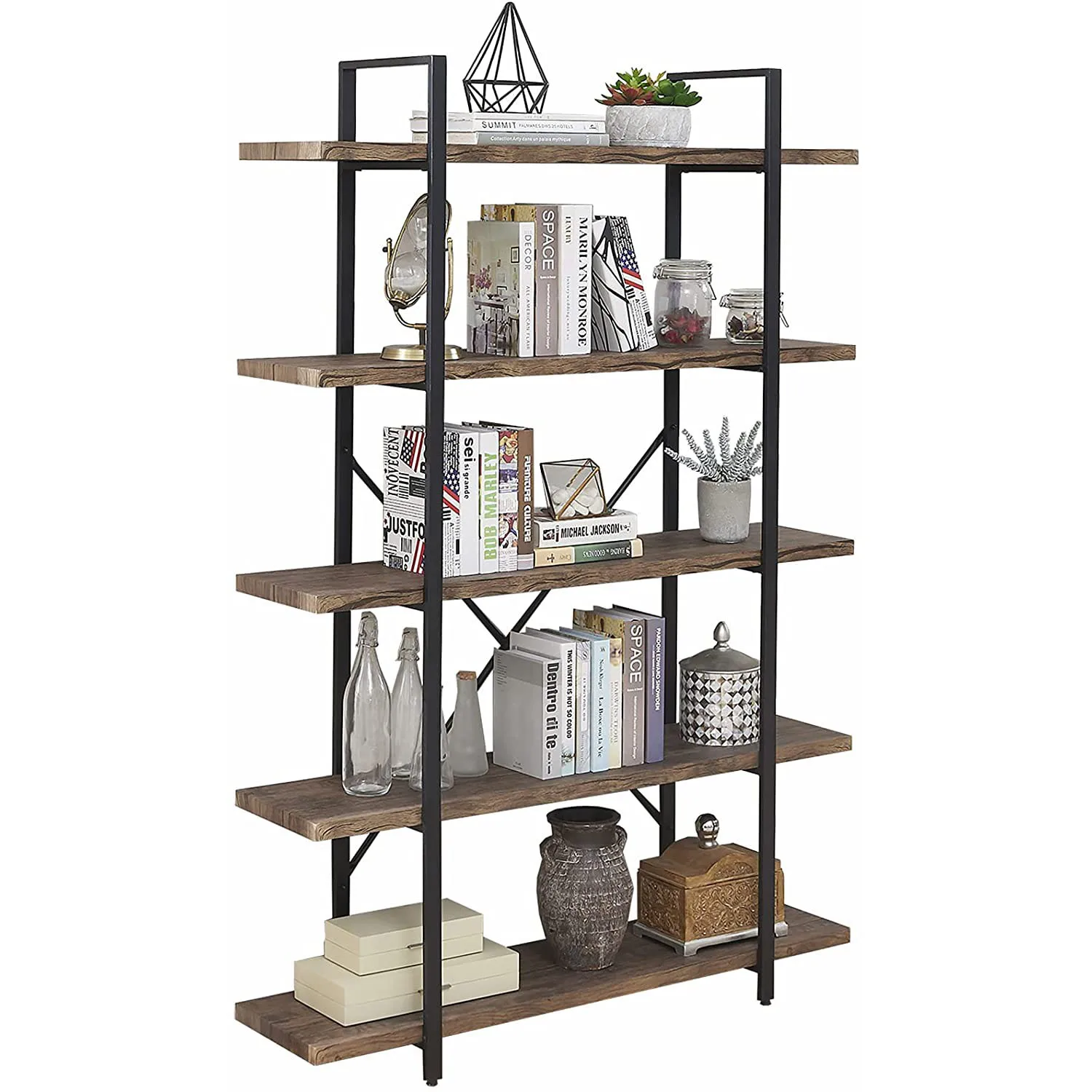 5 Tier Multi-function Industrial Book Shelves Metal and Wood Wall Mounted Decor Shelves Bookcase With Metal Frame