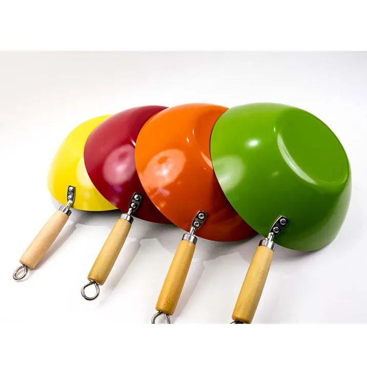 HT Chinese Hand Hammered Non Stick Red Green Carbon Steel Round Bottom wok fry pan