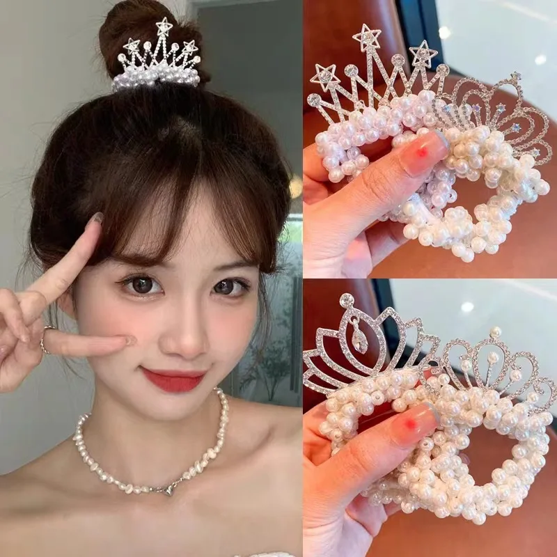 Korean New Tiara Rope Kids Princess Crown Pearl Hair Tie For Girls Simple Cute Elastic Hair Ring Hair Bands Children