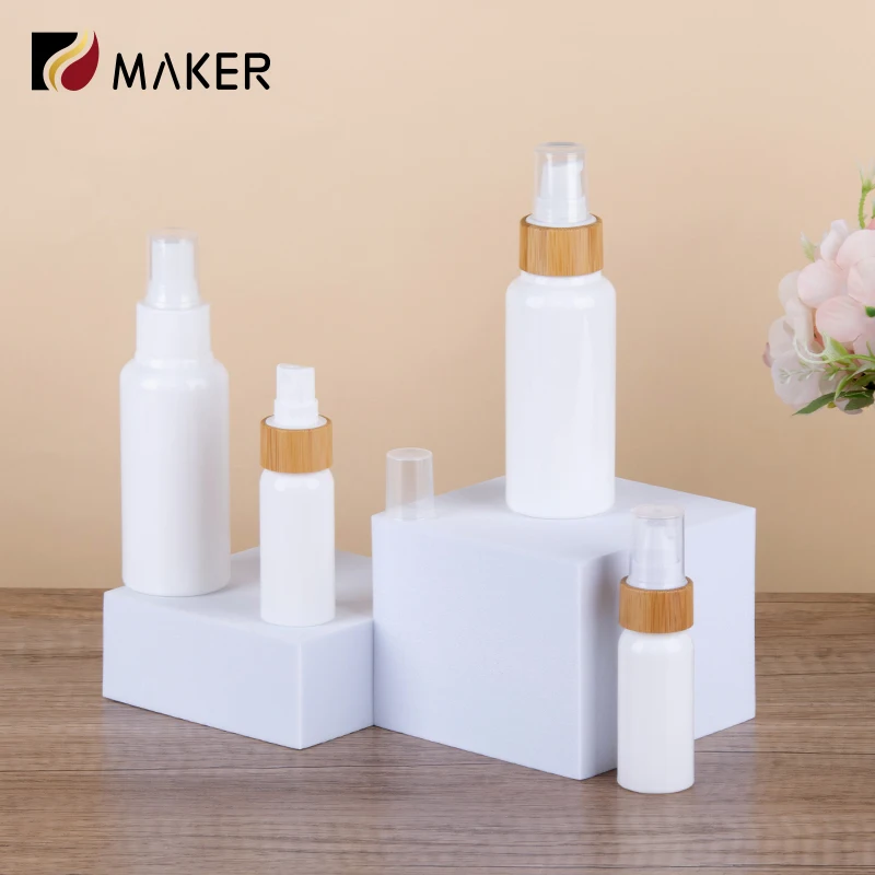 Bamboo Wood PET Plastic Pump Head Cosmetics Toner Emulsion Lotion Dispenser 50ml 60ml 100ml White Plastic Press Spray  Bottle