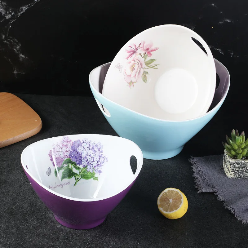 Wholesale anti-drop salad bowl fruit blue drain basket Melamine European Fruit Plate