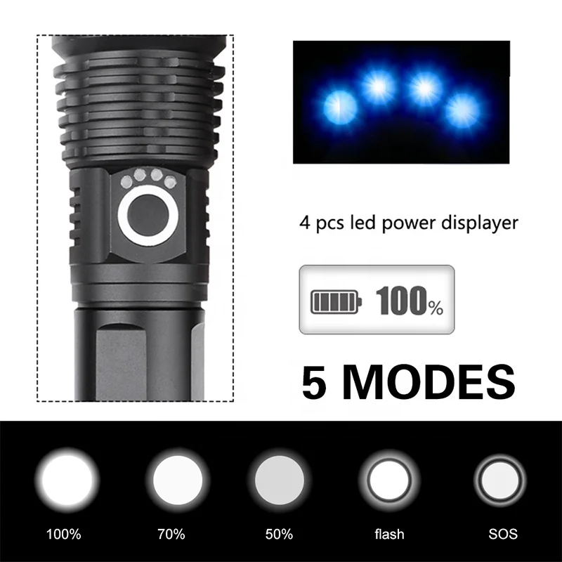 Factory Wholesale XHP50 led Flashlight Rechargeable Zoomable 18650 26650 Camping Mini High Power Handheld Torch Light Lamp