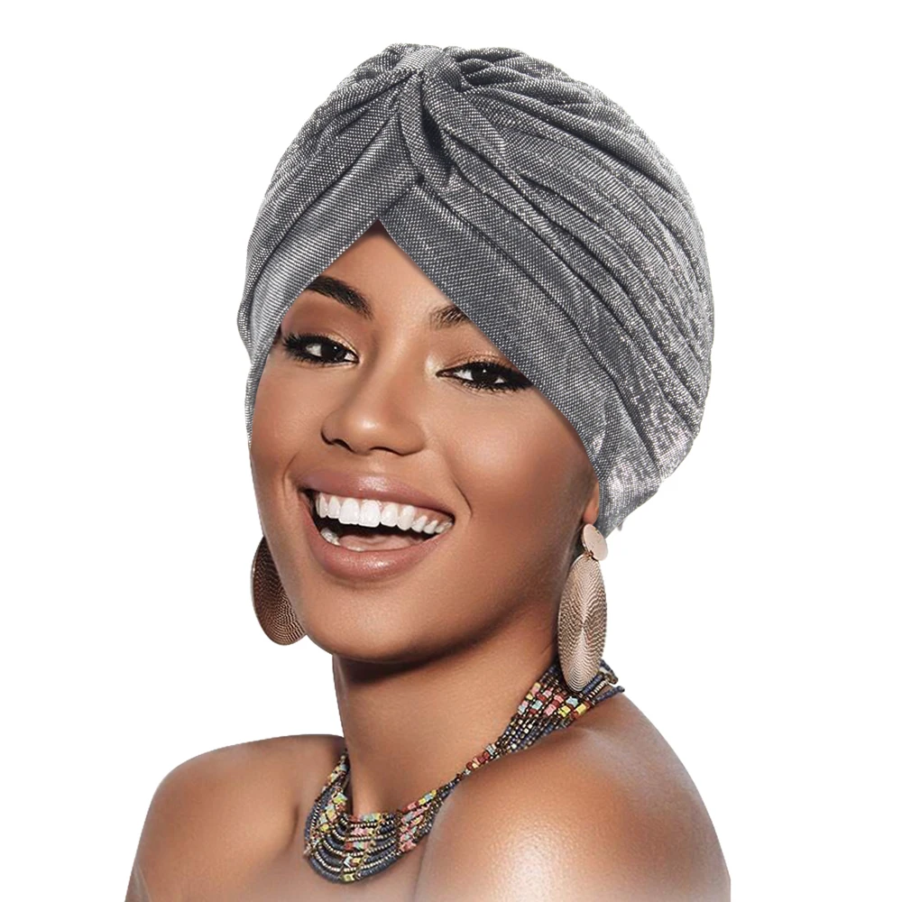 Wholesale Muslim lady polyester bonnet turban for women indian bonnet hat Solid color shiny turban