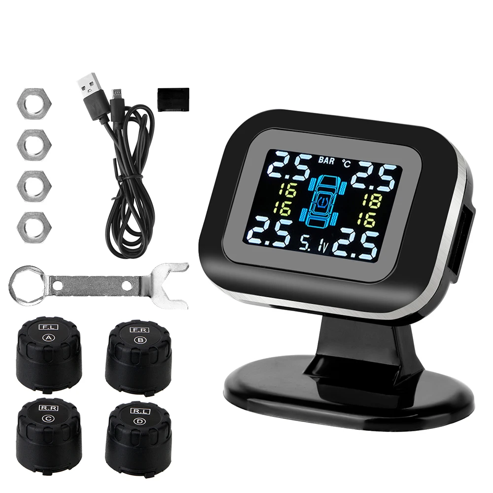 LCD Display With 4 Pcs External Sensor Auto Security Alarm Systems Mini Car Tire Pressure Monitoring System USB TPMS