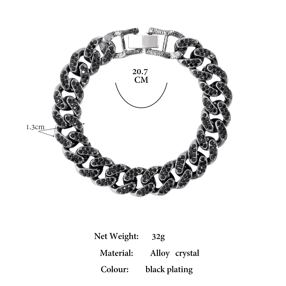 Fashion Hip Hop Black Diamond Iced Out Jewelry Bling Bling Crystal Rhinestones Miami Cuban Link Chain Bracelet For Men Women