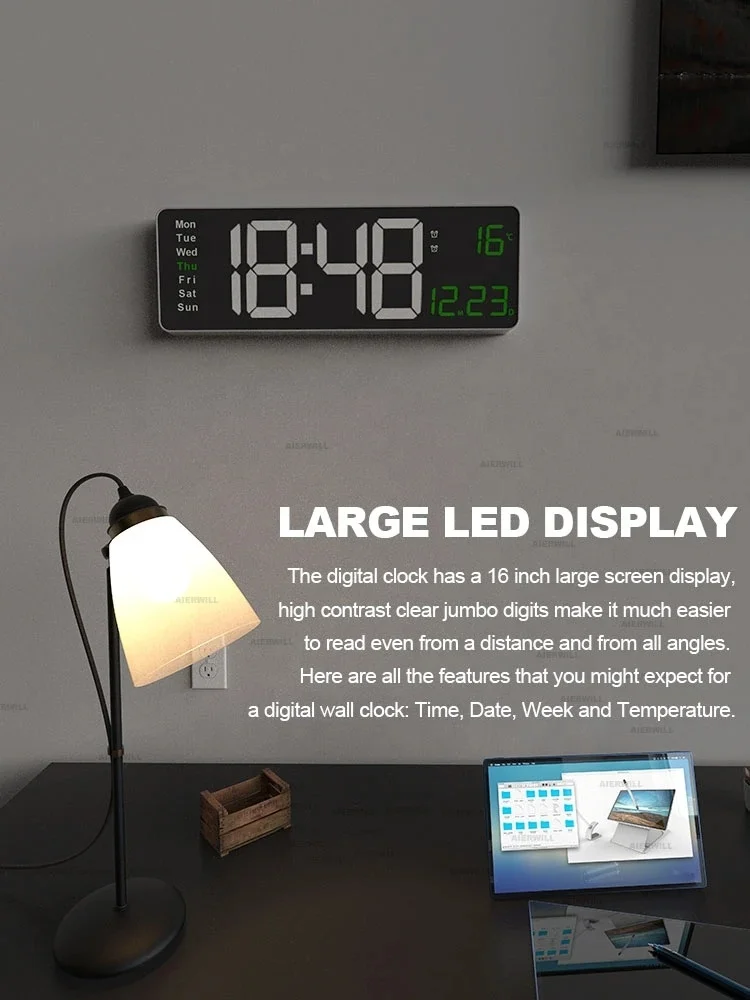 Digital Wall Clock 16inch Large Alarm Clock Remote Control Date Week Temperature Watch Dual Alarms LED Display Clock