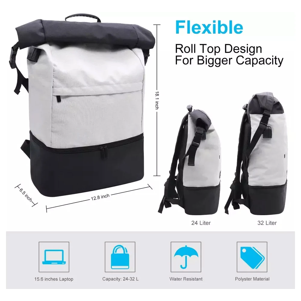 RPET Recycled Fabric Roll Top Rucksack laptop backpack with shoes compartment college school backpack bag
