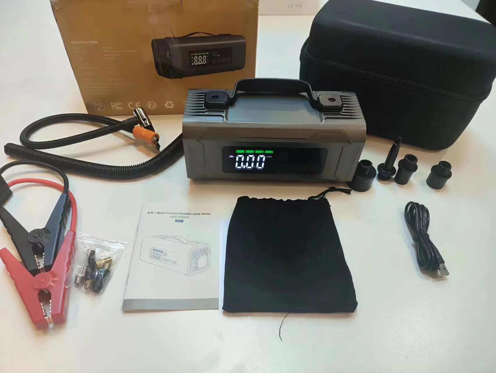 HF04 new model jump starter inflatable portable 6 in 1 compressors 12v AC/DC air compressor car inflator with highlight LED