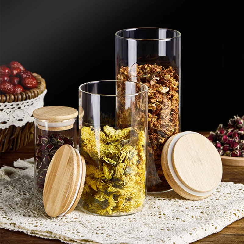 Glass Spice Jar With Wooden Lid Factory Wholesale Glass Food Storage Containers Jar Seal Bamboo Lids