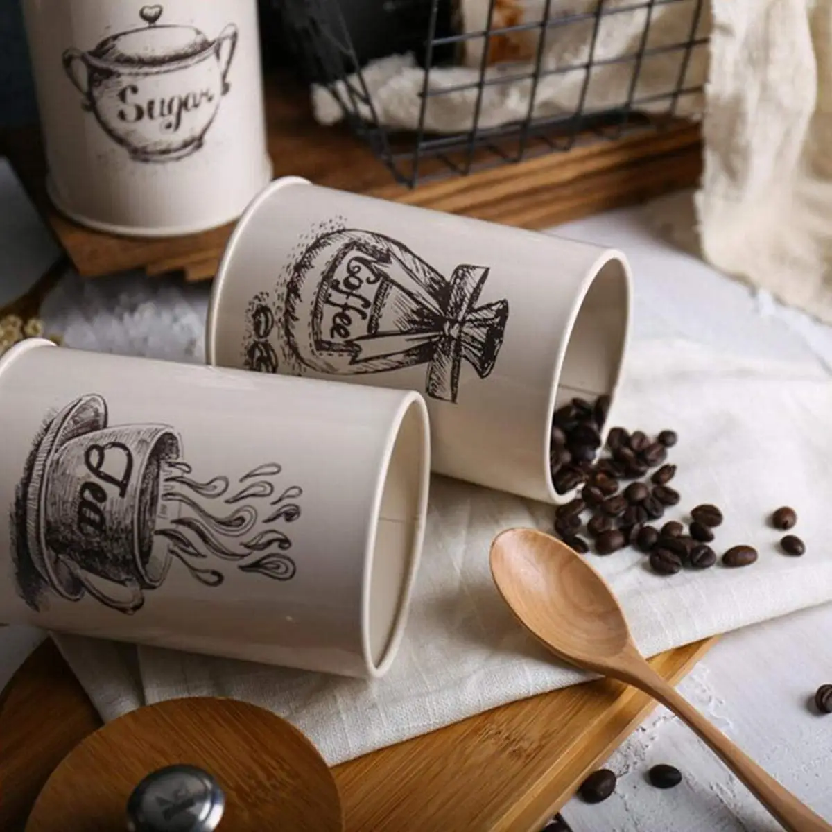 Set of 3 piece Kitchen Canister Jars with Bamboo Wooden Lids White Metal Rustic Vintage Canister Sets