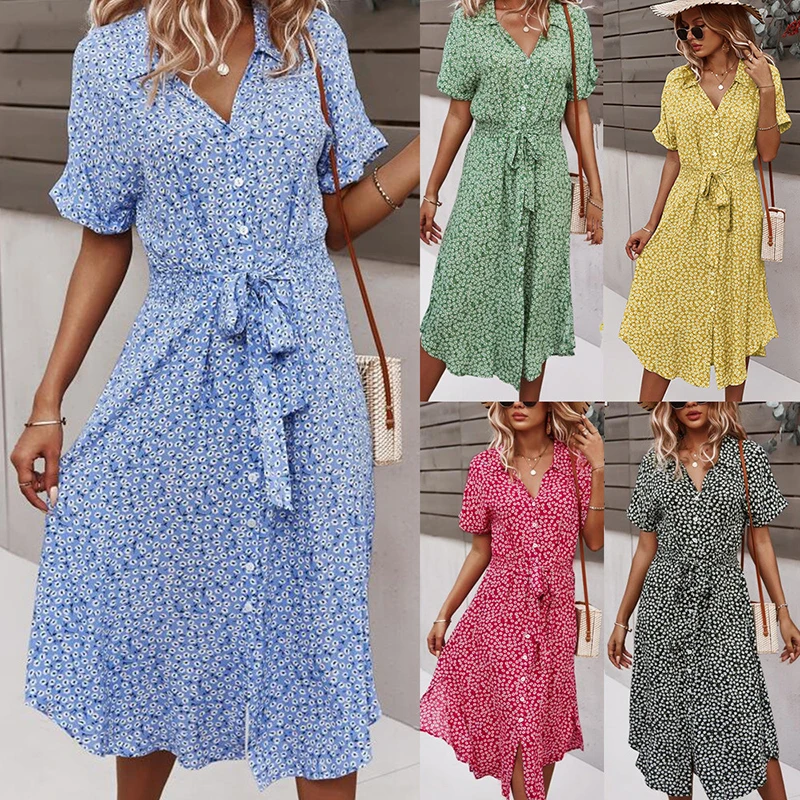 Wholesale Clothing Summer Clothes Ladies Button Down Short Sleeve Turn-Down Collar Midi Floral Print Dresses With Belt