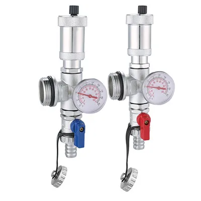 Floor Heating Manifold Fill And Drain Valve Pair with Auto Air Vent and Temperature Gauge