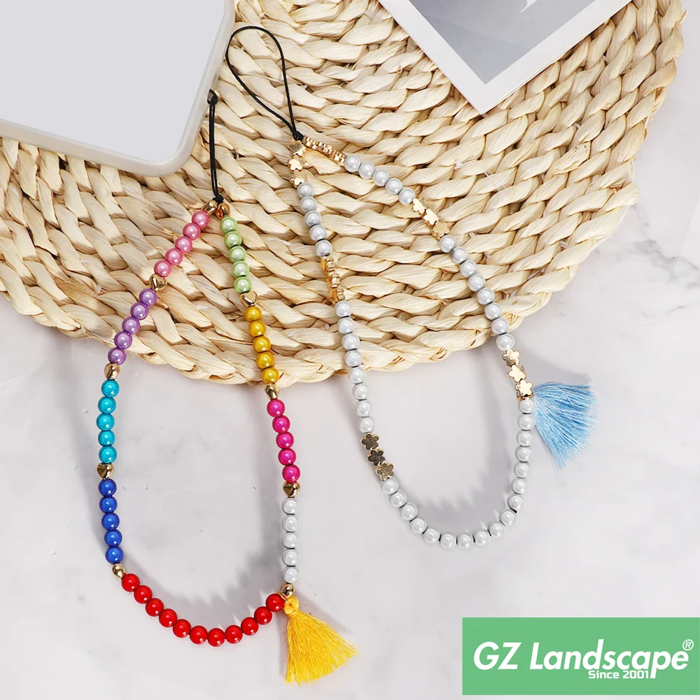 Multi angle opal gold beads chains phone fashion straps tassel gold beads colorful wrist chain phone strap