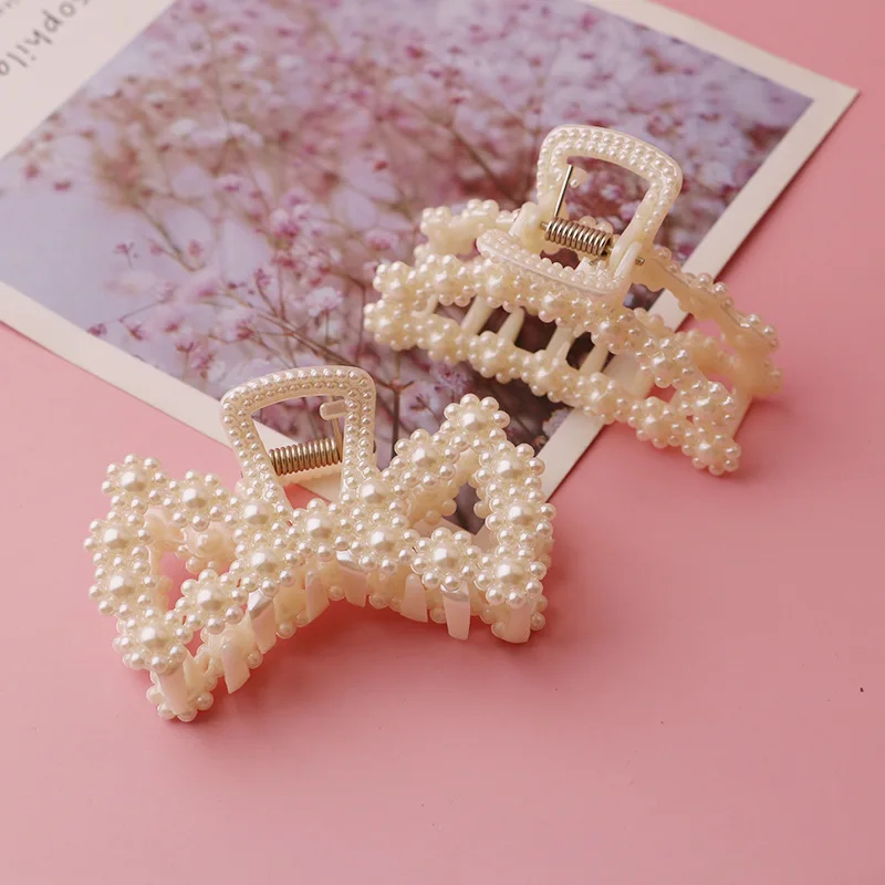 Go Party Wholesale Plastic Resin 7.5cm/8cm Large Metal Hair Clip Claw Pearl Grab Clip Big Hair Clips For Women Girls Hairpin