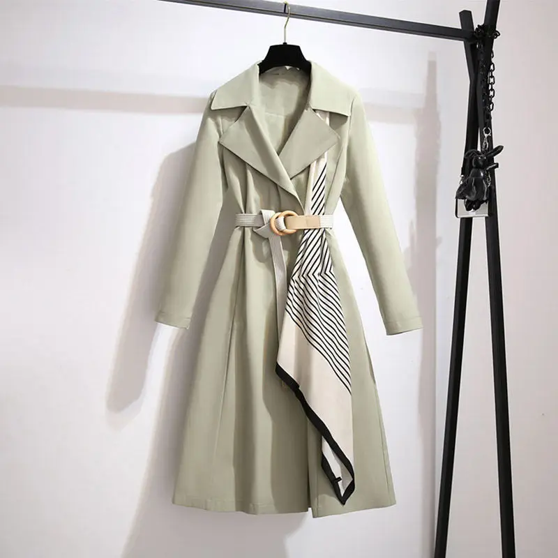 OEM Custom New Style Plus Size Trend Double Breasted Solid color Mid-Long Jacket With Belt Waist Slimming Women Trench Coat