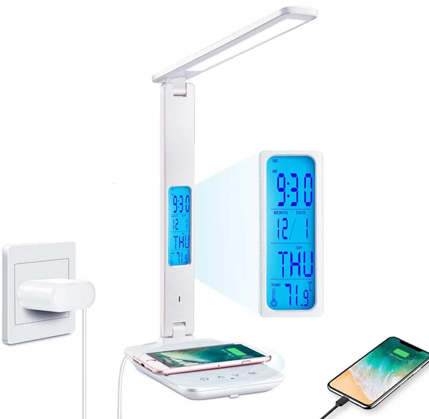 Multifunctional LED Desk Lamp with QI  Wireless Charger and USB Charging Port study with Calendar